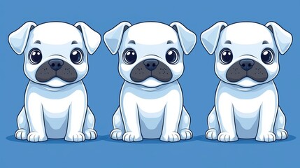 Obraz premium Cute Cartoon Pugs Sitting in a Row on a Blue Background for Playful Designs and Marketing