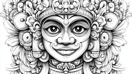 Intricate Black and White Illustration of a Mythical Face Surrounded by Floral Patterns
