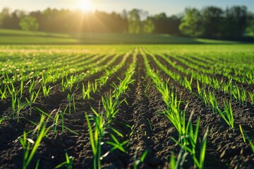 Rows of Green Young Shoots the Concept of Agriculture Planted Wheat or Rye Field in Warm Sun Rays