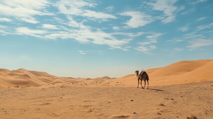 Camel in a Vast Desert Under a Blue Sky