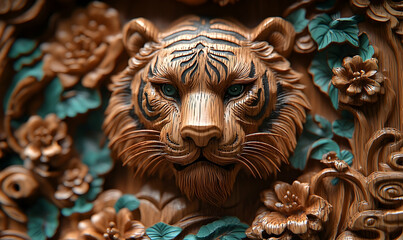 Intricate wooden tiger carving surrounded by floral details, showcasing craftsmanship and artistry