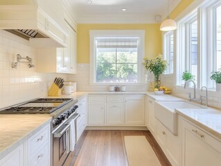 Bright and modern kitchen with white cabinets and yellow walls