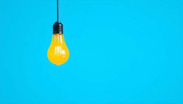 Yellow light bulb, glowing, hanging, minimalist, vibrant blue background, clean design, contrast, simple composition, illumination, isolated object, creativity, idea visualization - Powered by Adobe