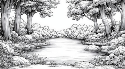 Serene Black and White Forest Landscape with Tranquil Pond and Lush Foliage Surroundings