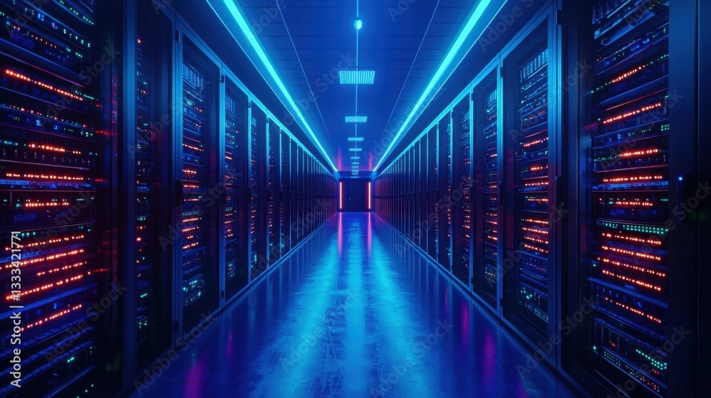 Poster high-performance server room featuring rows of servers for blockchain technology focused on data sec