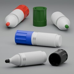 Scattered Whiteboard Markers on Light Gray Surface – 3D Render