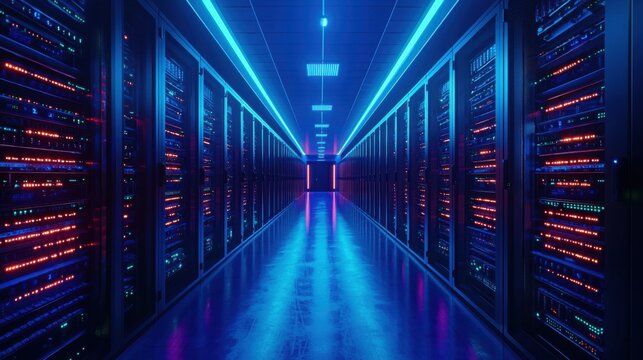 High-performance server room featuring rows of servers for blockchain technology focused on data security and integrity - Powered by Adobe