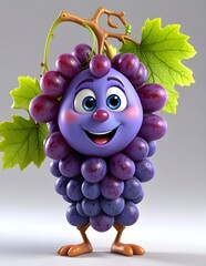 A 3D animated cartoon render of a Cute Grape Smoothie character isolated Cheerful Cartoon Hero Vegetables Character 3D Rendered on White background.