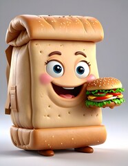 Cartoon Premium Delicious Cute Happy Big Eye Burger Icon Person Character Mascot with Modern Chrome Character 3D Rendered on White background.