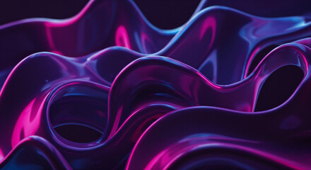 Wavy surface glossy neon reflections in deep purple and magenta tones, resembling liquid metal or silk fabric folds. Concept of technology, fluidity, digital art. 3D digital background.