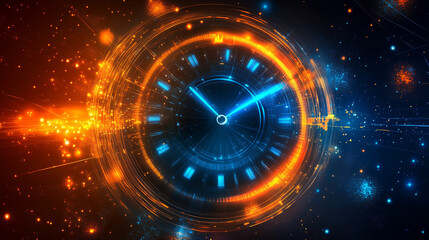 Futuristic Abstract Clock with Bright Orange and Blue Sparks, Representing the Passage of Time and a Countdown Moment.
