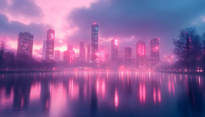 Fototapeta premium Vibrant city skyline at dusk with pink and blue hues reflecting on the calm water, creating a serene atmosphere