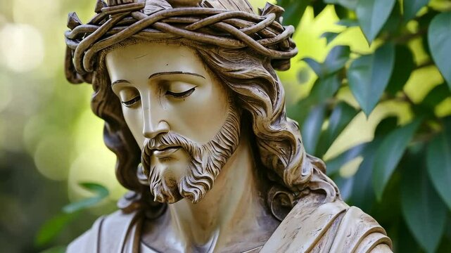 Detailed sculpture of Christ with crown of thorns surrounded by lush greenery in a serene outdoor setting
