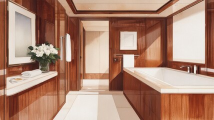 luxury bathroom maintenance. A creative watercolor rendering of a luxury yacht bathroom, where sparkling surfaces and high-end finishes require meticulous maintenance