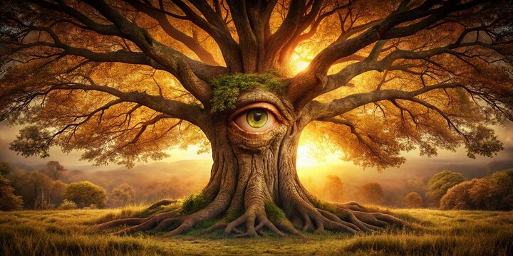 Vintage Photo: Ancient Tree with Illuminati Eye Symbol - Mystical Nature Scene