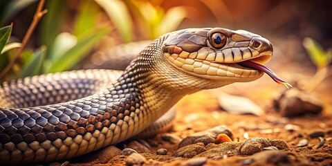 Fototapeta premium Vintage Photo: Australian Snake Flicking Tongue - Wildlife Close-Up