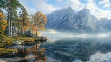 Serene autumnal lake reflecting majestic mountains under a partly cloudy sky.