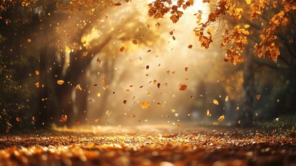Naklejka premium Beautiful Autumn Scene with Sunny Nature and Falling Leaves