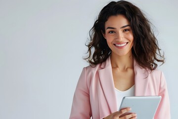 Fototapeta premium Confident Smiling Businesswoman Holding Tablet Computer in Pink Blazer