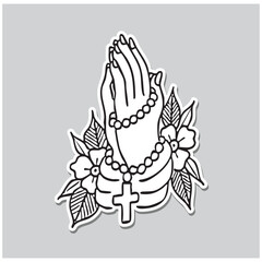 Line old school tattoo design of praying hands with cross and flowers Vector illustration