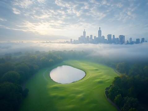 City Skyline Sunrise Over Golf Course.