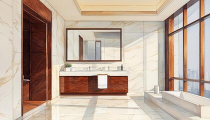 luxury bathroom maintenance. A watercolor depiction of a luxury penthouse bathroom undergoing deep-cleaning, ensuring the marble and glass remain pristine