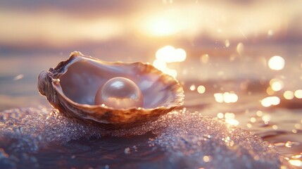Single pearl inside an oyster shell on a beach at sunset.