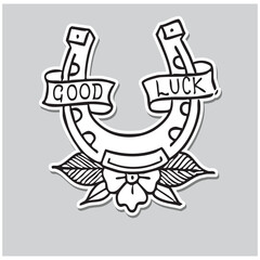 Line old school tattoo design of horseshoe with text "good luck" with flowers