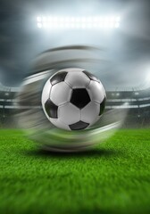 Naklejka premium soccer ball on green grass in dynamic motion