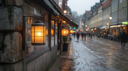 Rainy City Street At Night With Warmly Lit Lanterns