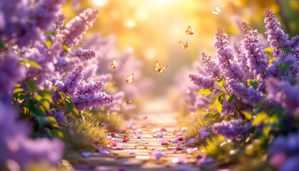 Obraz premium A dreamy garden pathway with vibrant purple flowers and golden sunlight.