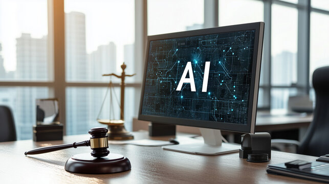 Artificial Intelligence and Legal System: Judge&rsquo;s Gavel Beside a Computer Monitor with AI Text in a Professional Office.
