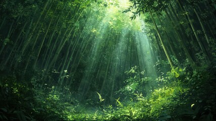 Obraz premium Sunbeams in a Lush Green Bamboo Forest