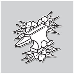 Line old school tattoo design of Iron with flowers