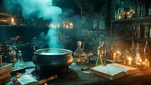 A magical cauldron steams with green potion in a dimly lit apothecary's room.