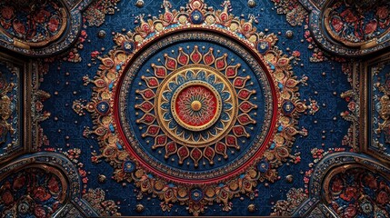 Naklejka premium Intricate Colorful Mandala Pattern with Floral Motifs on Blue Background for Artistic Design