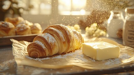 A fresh croissant dusted with powdered sugar sits next to a slab of butter, creating a warm and inviting breakfast scene.