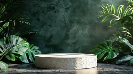 A minimalist display featuring a circular stone pedestal surrounded by lush green foliage against a textured dark backdrop.