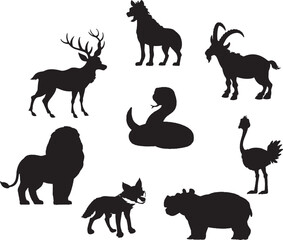 Wild Animal Silhouettes Collection – Black Vector Set Featuring Lion, Deer, Wolf, Snake, Goat, Hyena, Hippo, and Ostrich for Logos, Stickers, and Graphic Design Projects