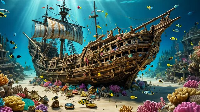 An ancient shipwreck rests on the ocean floor now a vibrant coral reef teeming with colorful fish