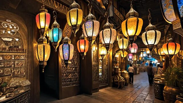 People stroll through a vibrant marketplace at night illuminated by hanging colorful lanterns