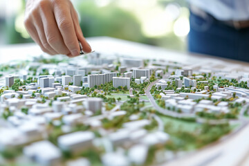 An architect examining a detailed mini urban landscape model, highlighting green spaces and public areas, with copy space. Bright overhead lighting. Sustainable design studio background.