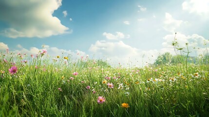 Obraz premium Spring rain over blossoming fields nature landscape bright background seasonal beauty in summer and winter