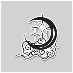 Minimal Style Moon With Clouds And Stars Mystical Design