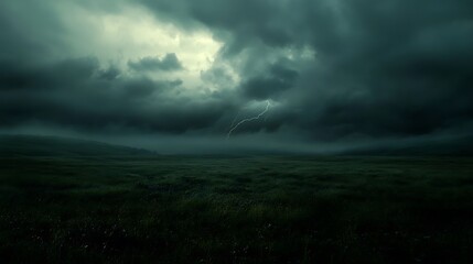 Dramatic lightning storm over open field nature landscape spring season background rainy summer atmosphere