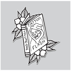 Old school book tattoo design with flowers in outline style.