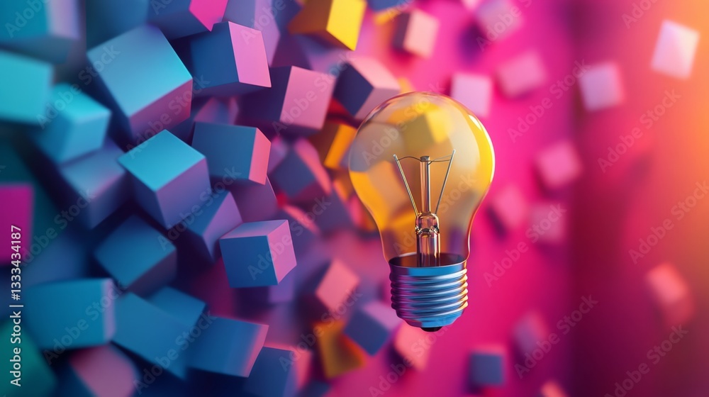 Wall mural abstract 3d render of geometric shapes with light bulb illumination