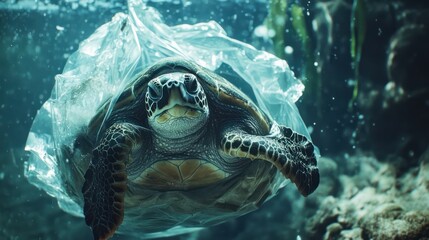 Fototapeta premium Turtle entangled plastic bag ocean reef pollution awareness