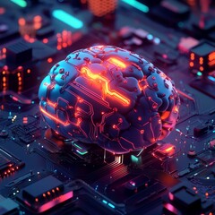 Colorful 3D Brain Icon with Digital Circuits on Futuristic Background