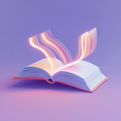Floating 3D Icon of an Open Book with Radiant Lines and Soft Glow